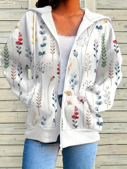 Plus Size Plant Print Coat Casual Plus Size Plant Print Hooded Coat - Long Sleeve Drawstring Jacket For Fall & Winter